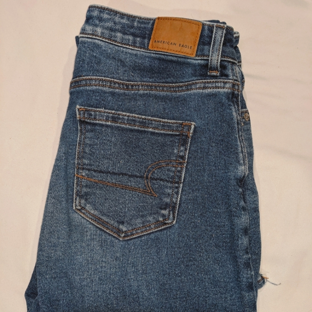 American Eagle High Waisted Distressed Knee and Ankle Loose Fit Jeans